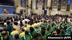 Iranian Supreme Leader Ali Khamenei speaks during a meeting with selected workers in Tehran, April 24, 2019