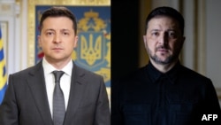 Fotografie distribuită și publicată de Serviciul de presă al Președinției Ucrainei, în care apare președintele Ucrainei, Volodimir Zelenski, în timpul unui discurs ținut la Kiev înainte de război, și 20 februarie 2026.