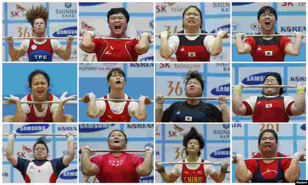 A combination picture shows competitors straining to lift the bar during the women&#39;s clean-and-jerk category at the 17th Asian Games weightlifting contest in Incheon. (Reuters/Jason Reed) 