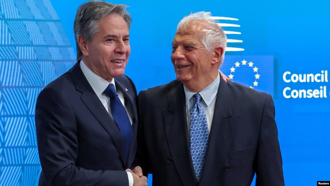 US Secretary of State Antony Blinken (left) is welcomed by European Union High Representative for Foreign Affairs and Security Policy Josep Borrell ahead of a meeting in Brussels on April 4.