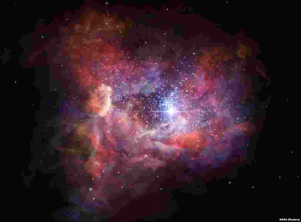 این یک برداشت هنری&nbsp; از تصویر کهکشان&nbsp; A2744_YD4 است. این کهکشان جوان در این تصویر- زمانی که دنیای ما تنها چهار درصد عمر کنونی اش را داشت-&nbsp; هنوز مملو از گرد و غبارهای فضایی است.&nbsp; اطراف این کهشان با ذرات اکسیژن یونیزه شده محاصره شده است که جلوه&zwnj;ای درخشنده به آن می&zwnj;بخشد. این دورترین و همینطور اولین رصد اکسیژن در عالم است.&nbsp;