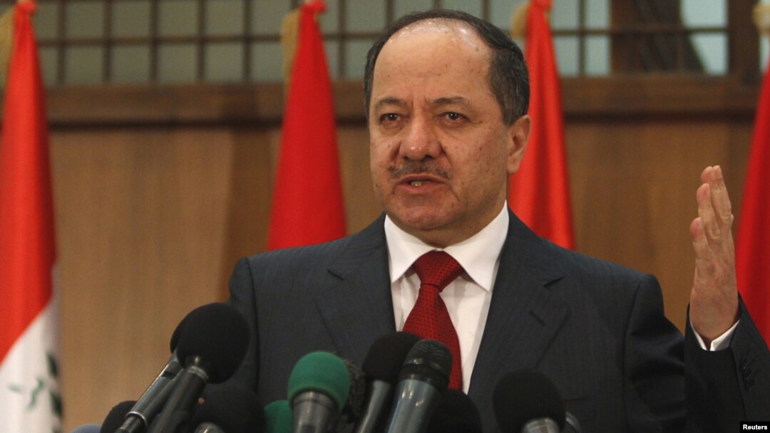 Kurdish President Masud Barzani speaks during a news conference in Baghdad today.