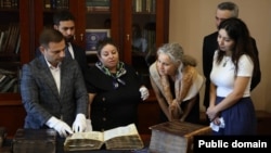 Armenia - EU envoy Magdalena Grono (second from right) visits the Matenadaran museum-institute of Armenian manuscripts, Yerevan, September 14, 2026.