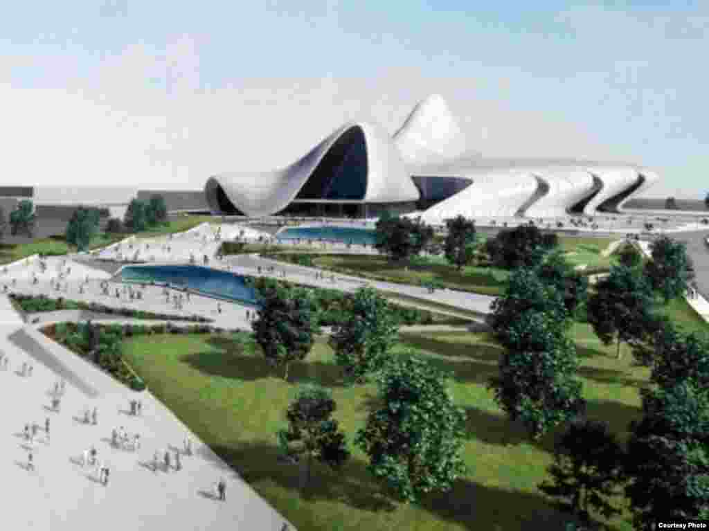 Azerbaijan -- Architect's illustration of the new Heidar Aliyev Cultural Center, now under construction in Baku. 17Mar2008