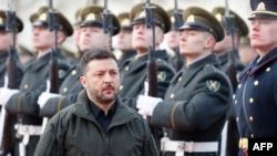 Уладізмер Зяленскі на фоне ганаровай варты пасьля прыбыцьця ў Вільню 25 студзеня