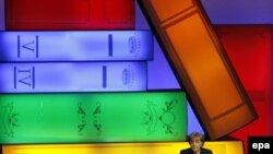 German Chancellor Angela Merkel addresses guests during the opening ceremony of the 61st Frankfurt Book Fair in Frankfurt.