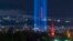 A pillar of light is seen at the monument to the victims to commemorate the 105th anniversary of the massacres of Armenians in Yerevan on April 23, 2020.