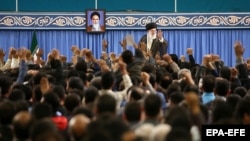 Iranian Supreme leader Ali Khamenei speaking during a meeting with Iranian workers in Tehran, Iran, 30 April 2018