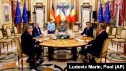 Left to right: Italian Prime Minister Mario Draghi, German Chancellor Olaf Scholz, Ukrainian President Volodymyr Zelensky, French President Emmanuel Macron, and Romanian President Klaus Iohannis in Kyiv on June 16.