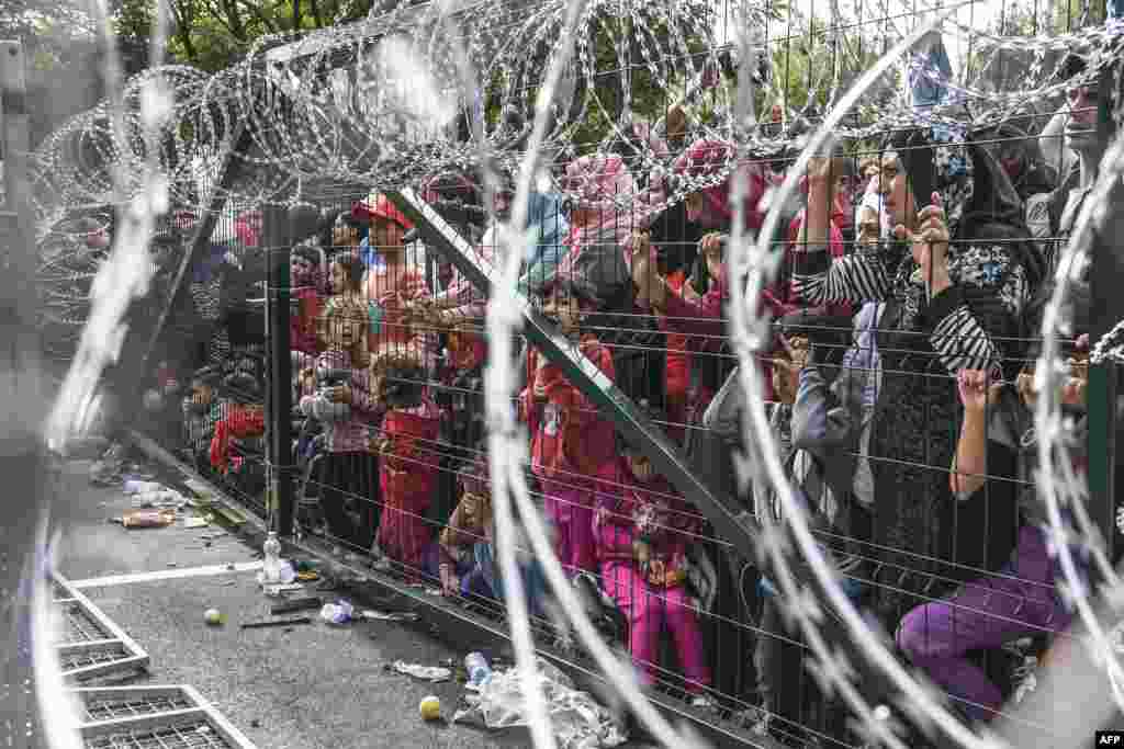 Refugees stand behind a fence at the Hungarian border near the Serbian town of Horgos. Europe&#39;s 20-year passport-free Schengen area appeared to be a risk of crumbling with Germany boosting border controls on parts of its frontier with France as migrants desperate to find a way around Hungary&#39;s border fence began crossing into Croatia. (AFP/Armend Nimani)