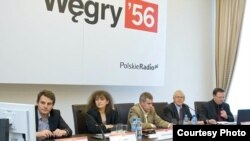 Panel discussion devoted to the newly restored RFE Polish Service broadcasts. (l-r) Nikodem Bończa-Tomaszewski, Bea Lukács, Manfred Hanspeter, Ross Johnson, Andrzej Mietkowski.