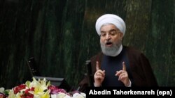 Iranian President Hassan Rohani addresses the parliament in Tehran, August 15, 2017