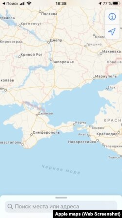 Apple Maps, peninsula Crimeea văzută pe o aplicație accesată din Rusia