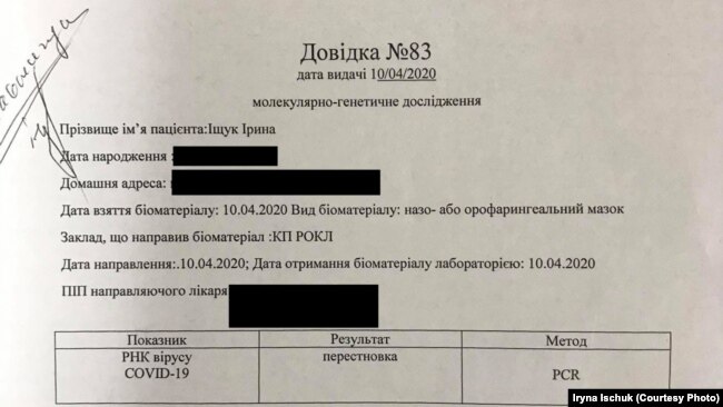 Довідка, що показала негативний результат тесту на COVID-19 в Ірини