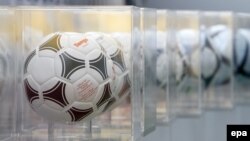 Ukraine -- The official match ball of the UEFA Euro 1984 and the following European soccer championships are displayed at the Olympiyskiy stadium in Kyiv, 02Dec2011