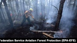 Firefighters fighting wildfires in the taiga, or boreal forest, in Russia's Krasnoyarsk region on August 1.