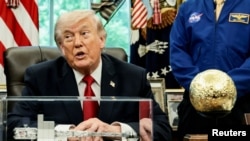 U.S. President Donald Trump speaks to reporters at the Oval Office after meeting Artemis II astronauts on April 29, 2026. 