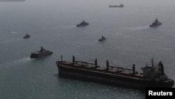 Russian and Iranian ships participate in a joint naval exercise off of southern Iran earlier this year.