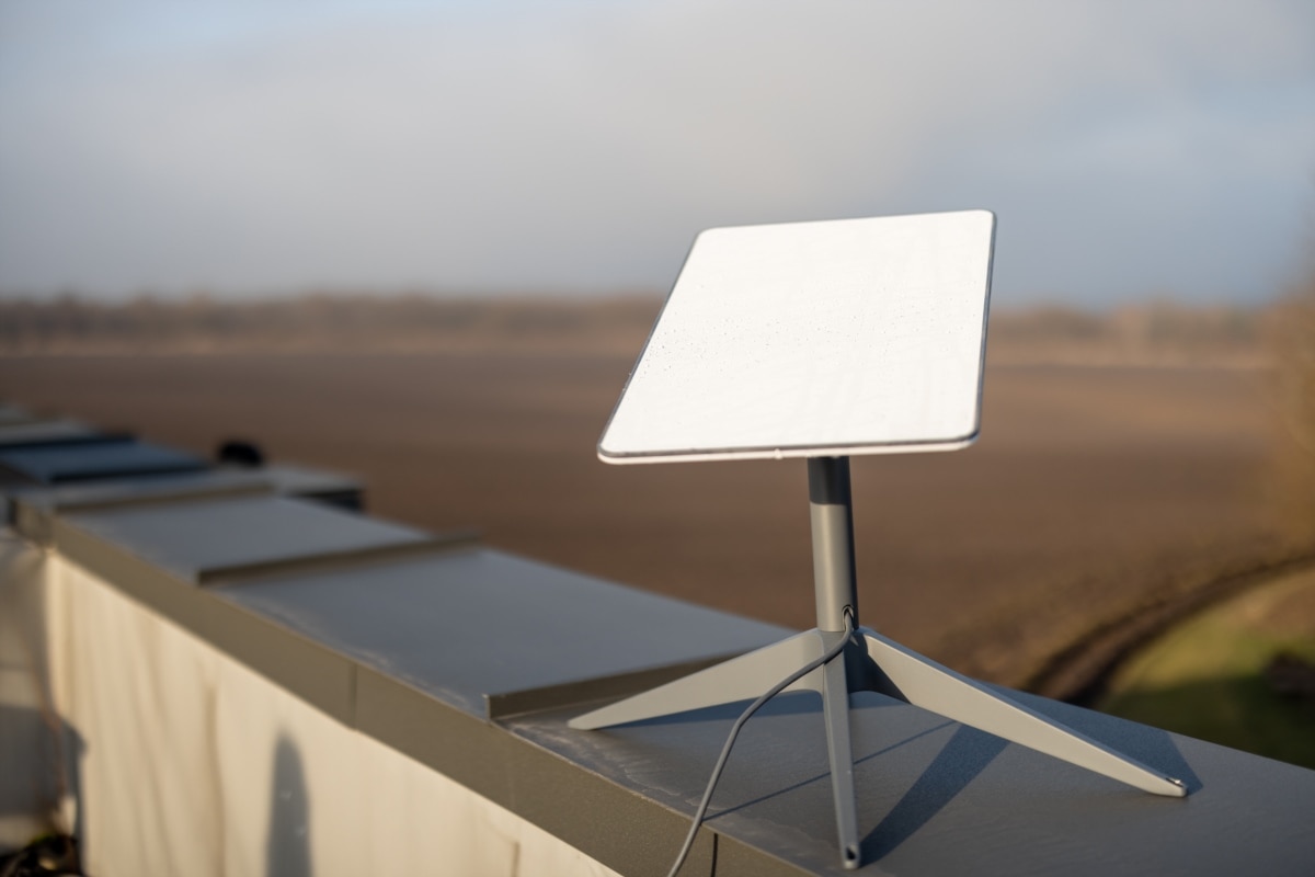A Starlink satellite antenna on the roof of an apartment building in Lviv, January 2023