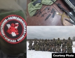 Clockwise from left: a patch with the "Wolves" insignia; a photo taken by Dragan in Ukraine; and Serb volunteers at Alabino before they were sent to Ukraine.