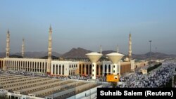 SAUDI ARABIA -- Muslim pilgrims gather near Namira Mosque on the plains of Arafat during the annual haj pilgrimage, outside the holy city of Mecca, August 31, 2017