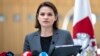 Belarusian opposition leader Svyatlana Tsikhanouskaya speaks during a news conference in Vilnius on June 2.