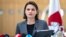 Belarusian opposition leader Svyatlana Tsikhanouskaya speaks during a news conference in Vilnius on June 2.