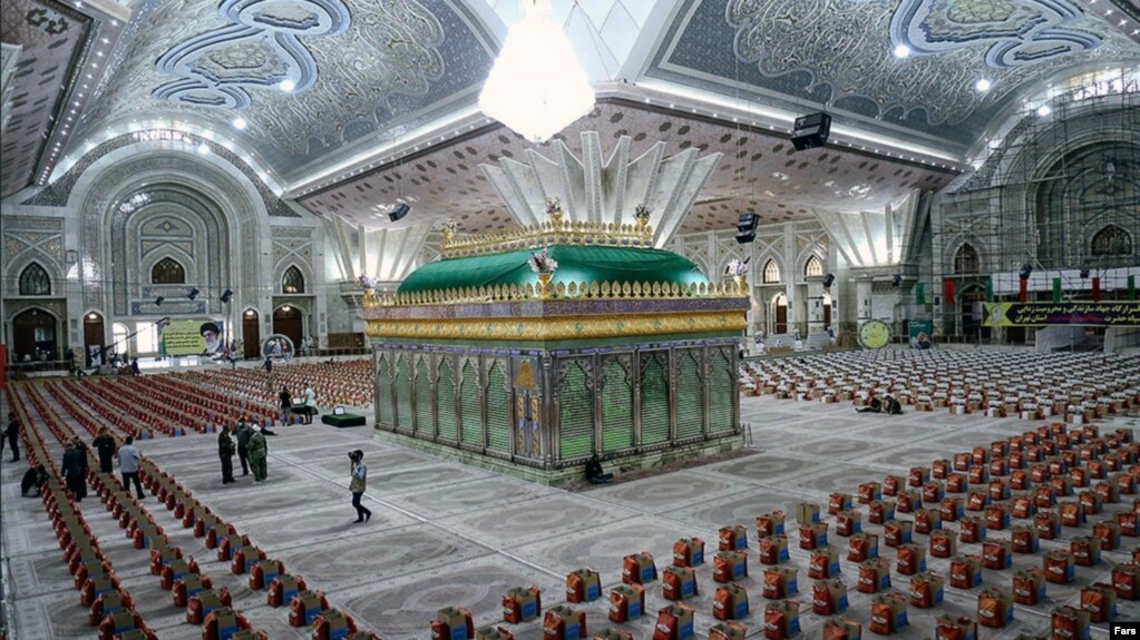 Food packages for the poor displayed at the mausoleum of the founder of the Islamic Republic Ruhollah Khomeini. May 10, 2020