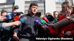 UKRAINE – Ukraine's President-elect Volodymyr Zelensky speaks to media after meeting Parliament members in Kyiv, May 4, 2019