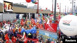 European workers and trade-union representatives participate in the "No to austerity" protest in Brussels on September 29 to demand better job protection.