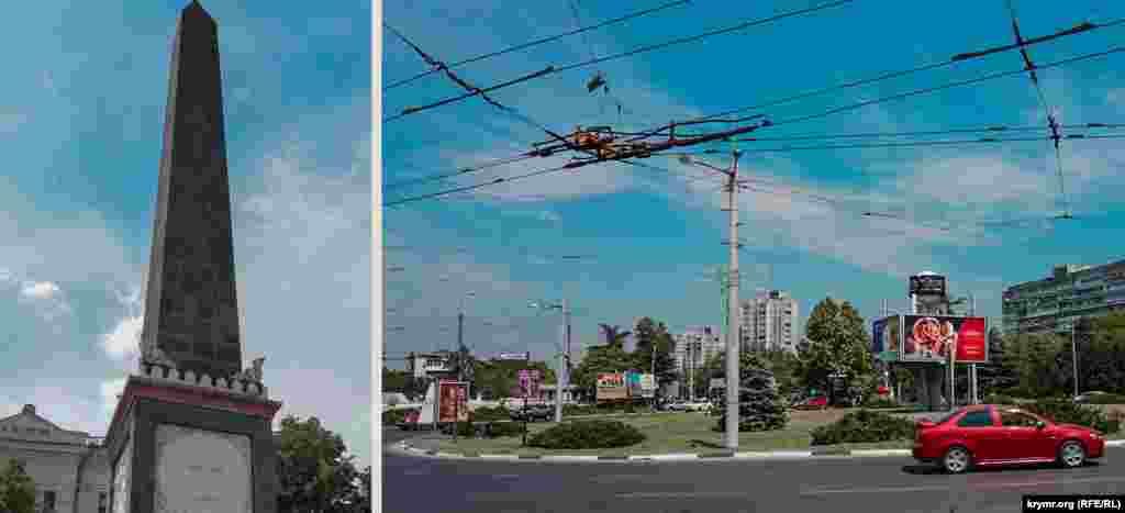 Долгоруковский обелиск в неизменном виде, а на площади Московской теперь транспорт несется сплошным потоком
