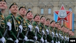 Russian military servicemen march along Red Square on Victory Day last year.