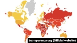 Transparency International ұйымының 2018 жылғы есебіндегі карта.