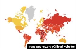 A graphic illustration from the Transparency International report on corruption perceptions. The redder the country, the more corrupt it is perceived to be.