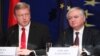 Armenia - Foreign Minister Edward Nalbandian (R) and EU Enlargement Commissioner Stefan Fuele at a joint news conference in Yerevan, 13Sep2013.