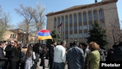 Armenia - Activists stand outside the Constitutional Court building in Yerevan, waiting for a ruling on a controversial pension reform, 2Apr2014.