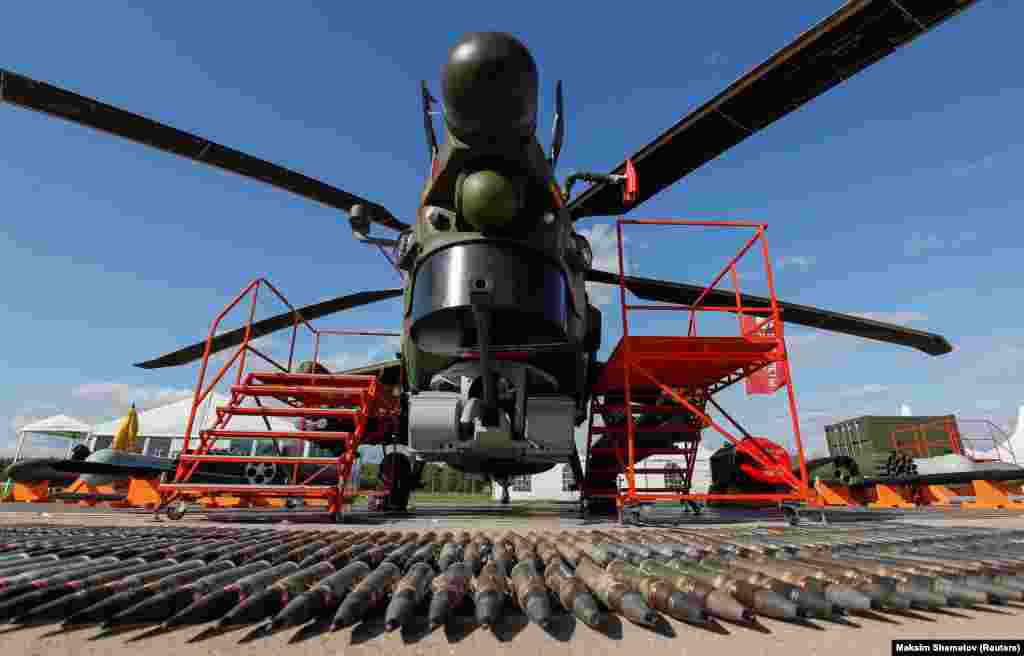 Russia&#39;s Mi-28NE &quot;Night Hunter&quot; attack helicopter on display at the MAKS International Aviation and Space Salon.