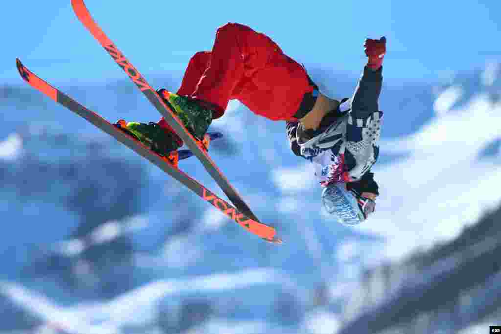 Nicholas Goepper of the United States in action during the men&#39;s freestyle skiing slopestyle final in the Rosa Khutor Extreme Park. 