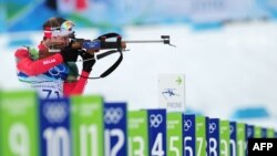 Canada -- Syarhey Novikov of Belarus in the men's biathlon 10 km sprint final during the Biathlon Men's 10 km Sprint on day 3 of the 2010 Winter Olympics at Whistler Olympic Park Biathlon Stadium, 14Feb2010