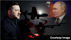 Украинанын жана Орусиянын президенттери Владимир Зеленский менен Владимир Путин, согуш техникасы тартылган иллюстрациялык коллаж.