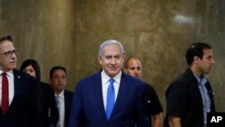 Israel's Prime Minister Benjamin Netanyahu arriving for a weekly cabinet meeting. File photo