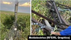 Colaj din imagini oferite de Moldelectrica în care apar piloni electrici doborâți la pământ de furtuna din 6 august din nordul R. Moldova, la aproximativ 15 km de mun. Bălți 