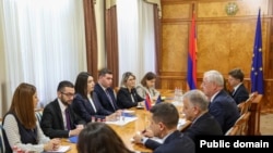 Armenian Minister of Internal Affairs Arpine Sargsian (left row, center) during a meeting with a delegation led by Johannes Luchner, Deputy Director-General for Migration and Home Affairs of the European Commission, November 5, 2025. 