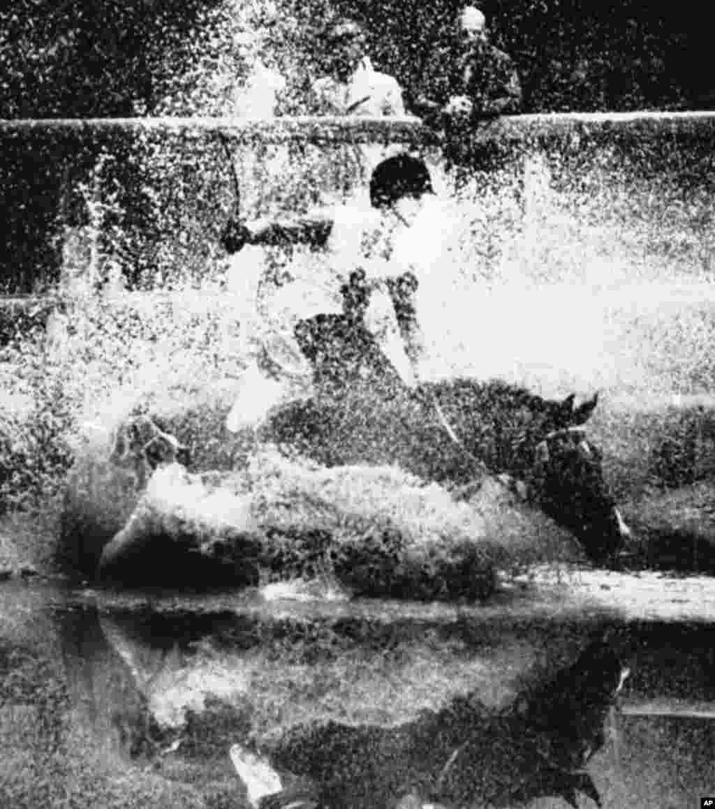 Istvan Grozner of Hungary and his horse Biloros stumble during the equestrian event. &nbsp; &nbsp;