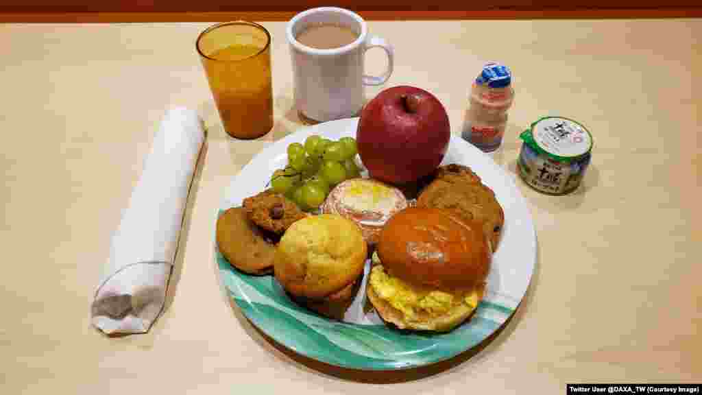 A meal served to a passenger aboard the quarantined cruise ship.&nbsp;Since the quarantine began one week ago, staff have twice been allowed to buy bottles from the bar to drink in their quarters -- a perk usually only permitted twice a month. &nbsp;