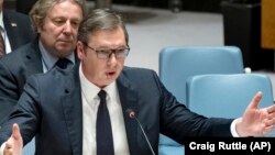 Serb prezidenti Aleksandr Wuçiç  Nýu-Ýorkda, BMG-niň Howpsuzlyk geňeşinde çykyş edýär. Arhiw suraty. 