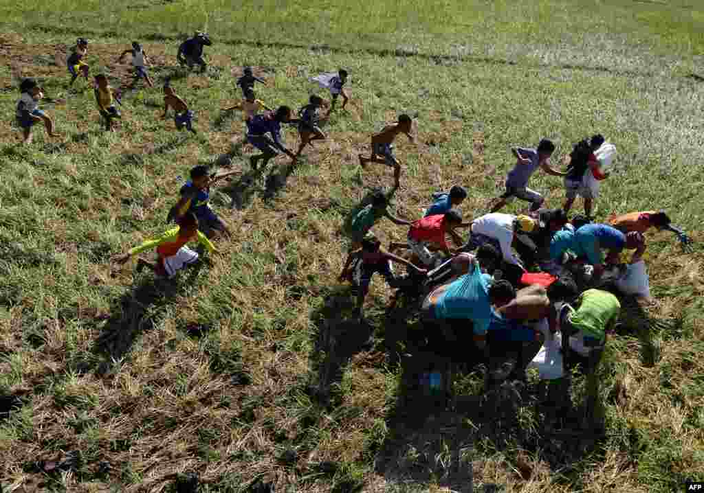 Філіппіни &ndash; Жителі, постраждалі від супертайфуну &laquo;Хайянь&raquo;, намагаються вхопити гуманітарну допомогу, скинуту з вертольота, острів Лейте, 18 листопада 2013 року