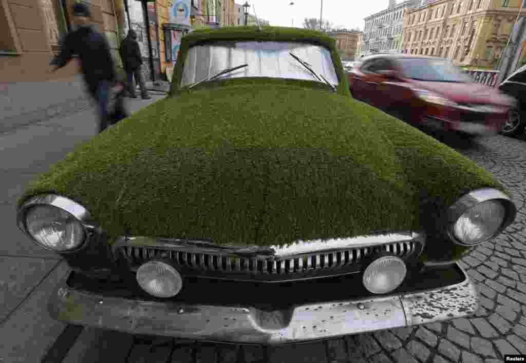 Rusija - Sovjetska Volga GAZ-21 napravljena po narudžbi koristi se za reklamu trgovine mliječnih proizvoda, St. Petersburg, 17. oktobar 2014. Foto: Reuters / Alexander Demianchuk