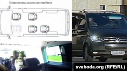 Схема автомобиля Volkswagen Caravelle, а также скриншот из видео госканала ОНТ, на котором показаны сотрудники Службы безопасности президента на автомобиле Volkswagen Craravelle (слева внизу) и микроавтобус Volkswagen Craravelle в кортеже Лукашенко (справа).