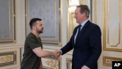 La 2 mai, ministrul de Externe britanic David Cameron (în dreapta) i-a spus președintelui ucrainean Volodimir Zelensky, la Kiev, că Ucraina are dreptul să folosească tot ce crede de cuviință pentru a se apăra de Rusia. 